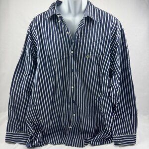Lacoste Mens Navy White Striped Button Down Shirt Crocodile Logo Oxford Size 2XL